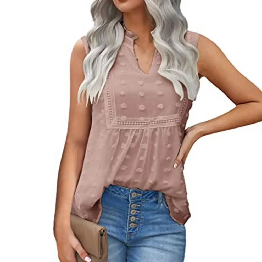 

2021 Women Vest T-shirt Loose Sleeveless Chiffon Tanks Tee Shirt Dot Print V Neck Lace Pachwork Bohemian Tshirt Vest