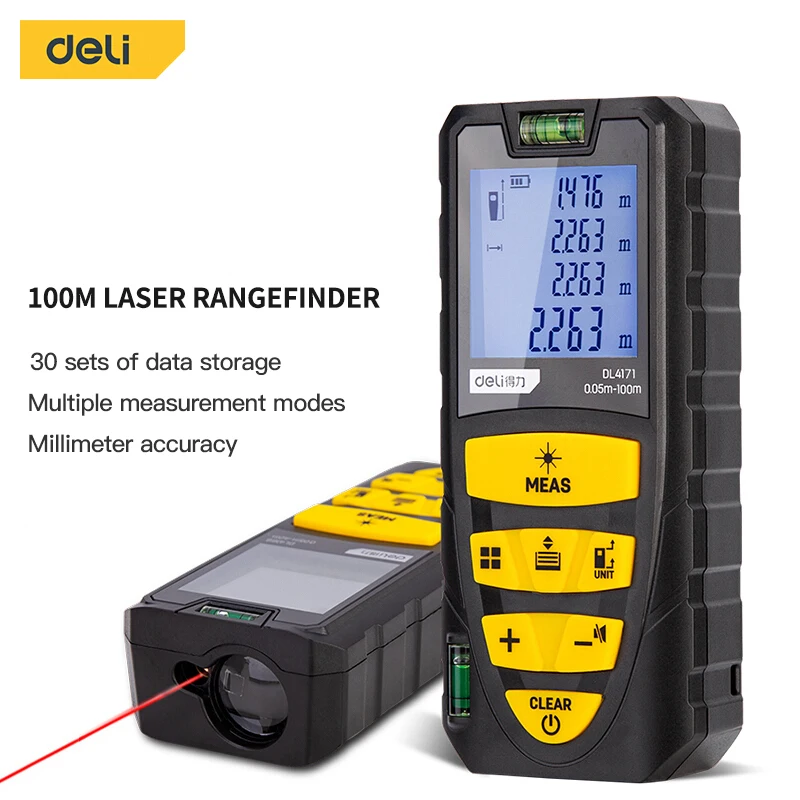 

Deli 100m Laser Rangefinders Electronic Digital Tape Distance Meter Trena Metro Laser Range Finder Measuring Tape for Hunting