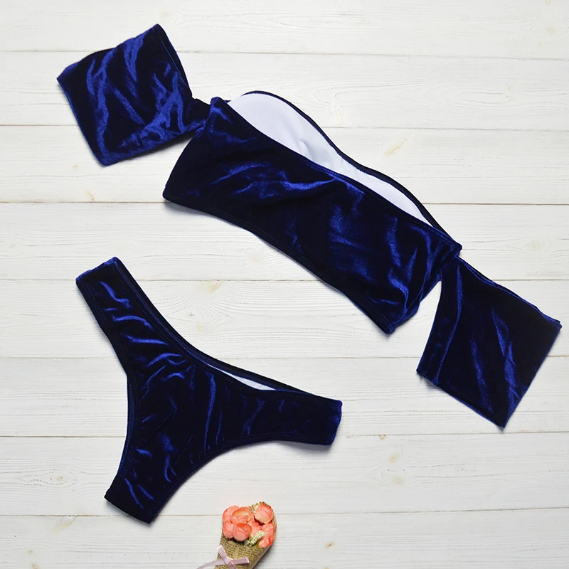 

Blue Gold Velvet Sleeve Ladies Swimsuit Striped Swimsuit Short Sleeve Top Push-up Sexy Bikini Split Two-piece Triangle Low Waist