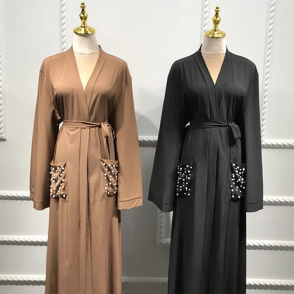 

Kimonos Female Robe Clothing 2021 Indie Folk Solid Beads Pockets Design Muslim Women Arabian Fashion