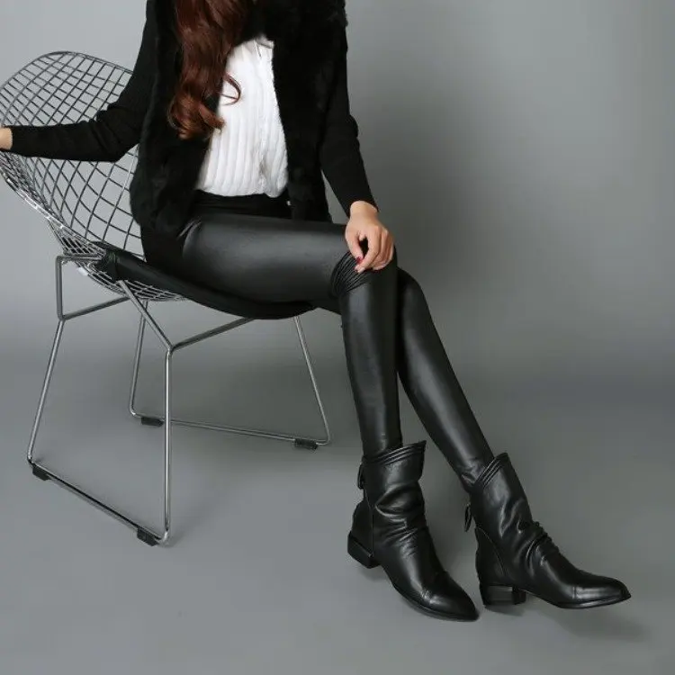 Fujin/Женская обувь на высоком каблуке Короткие сапоги-трубы Однотонная кожаная