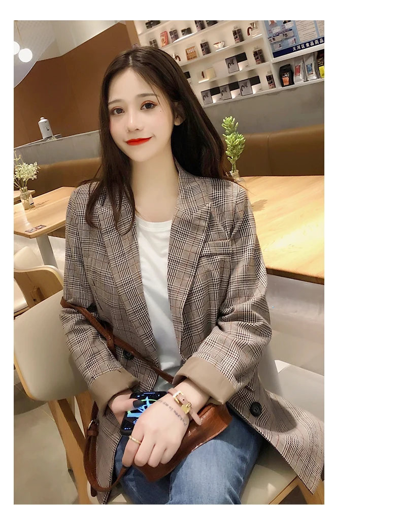 Womens Blazers Check Suit Jacket Woman Spring and Autumn New Korean Long Loose Slim Casual British Style Suit Jacket Woman