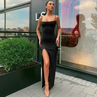 autumn women spaghetti strap dress autumn sexy split solid slim lady ankle length vintage wear dress 2019 new