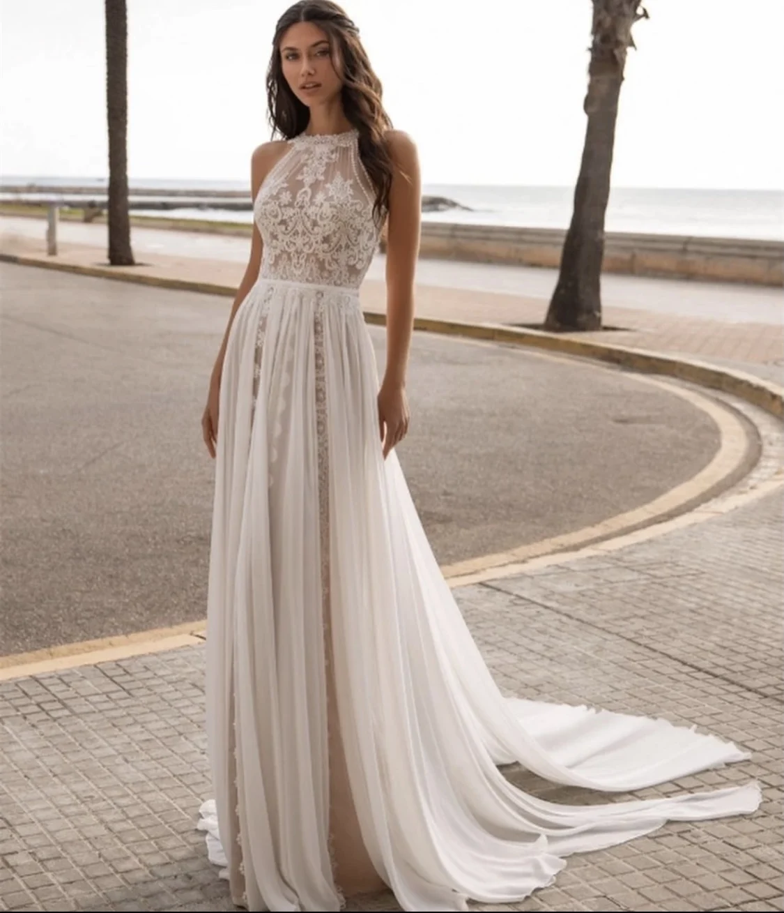 Платье Свадебное ТРАПЕЦИЕВИДНОЕ из тюля Кружевная аппликация без рукавов с