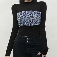 fall leopard print fur 2021 new stitching round neck long sleeved pullover t shirt female hot girl short umbilical bottoming top