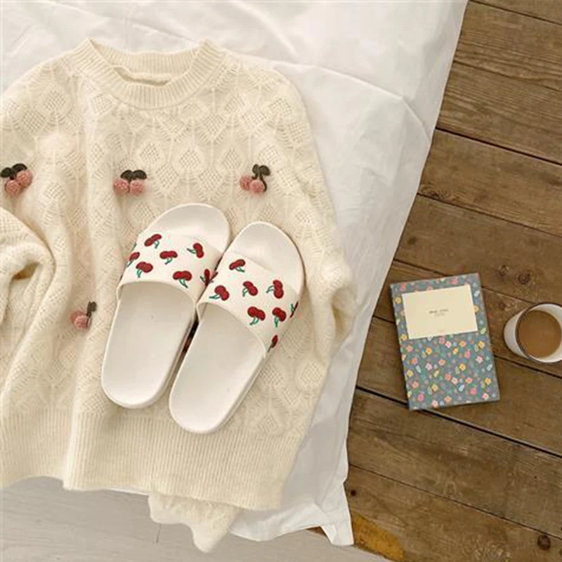 

Summer Slides Women Slippers Cartoon 3d Cherry Thick Bottom Beach Casual Non-Slip Bathroom Sandals Girl Shoes Zapatillas Mujer