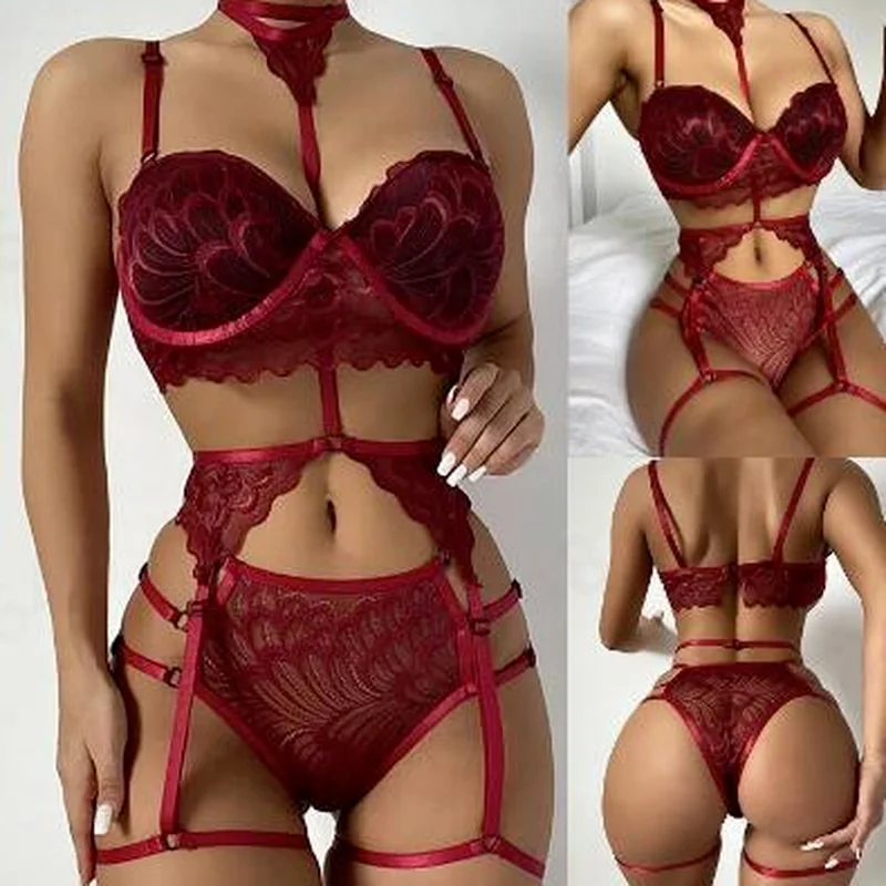 

Women’s Lingerie Set Sexy Lace Embroidery Bra and Low Waist Panty with Garter Belt 2021 New Fashion