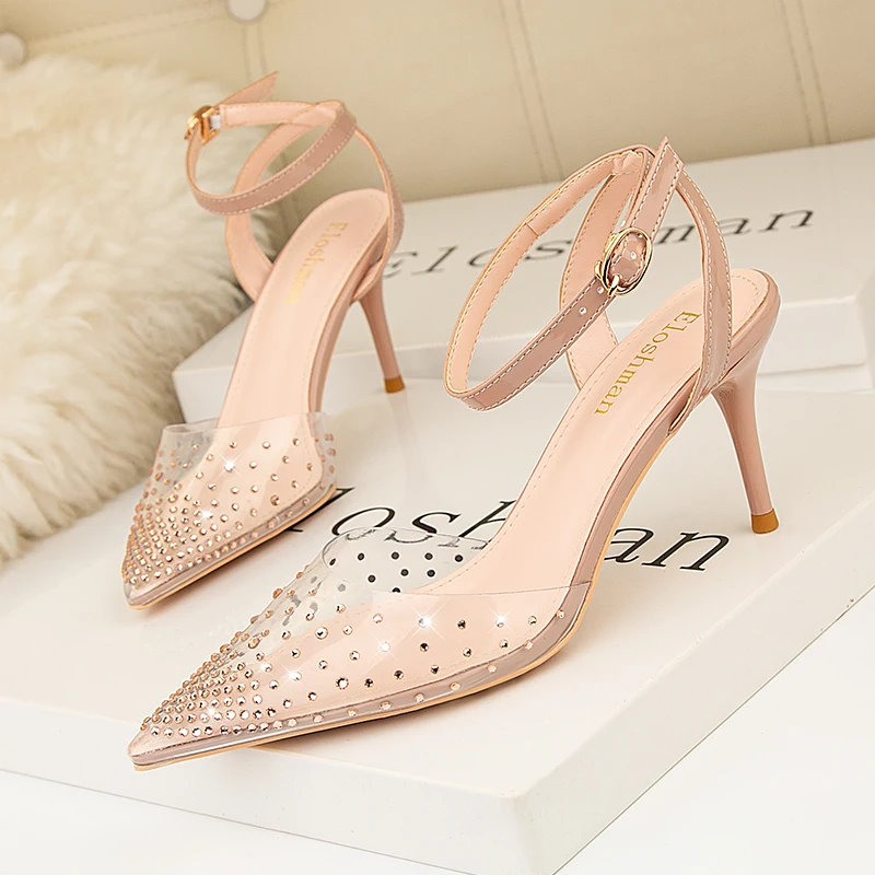 

Fashion Rhinestone PVC transparent Pumps shoes stilettos high heels Sandals Women Pointed toe Party silver Wedding shoes
