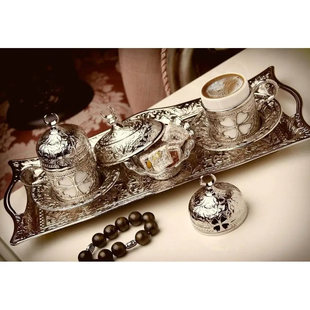 

Handmade authentic Design Turkish Greek Arabic Coffee Espresso Set for 2 Service, Cups Saucers Lids Tray Delight Candy Dish GIFT