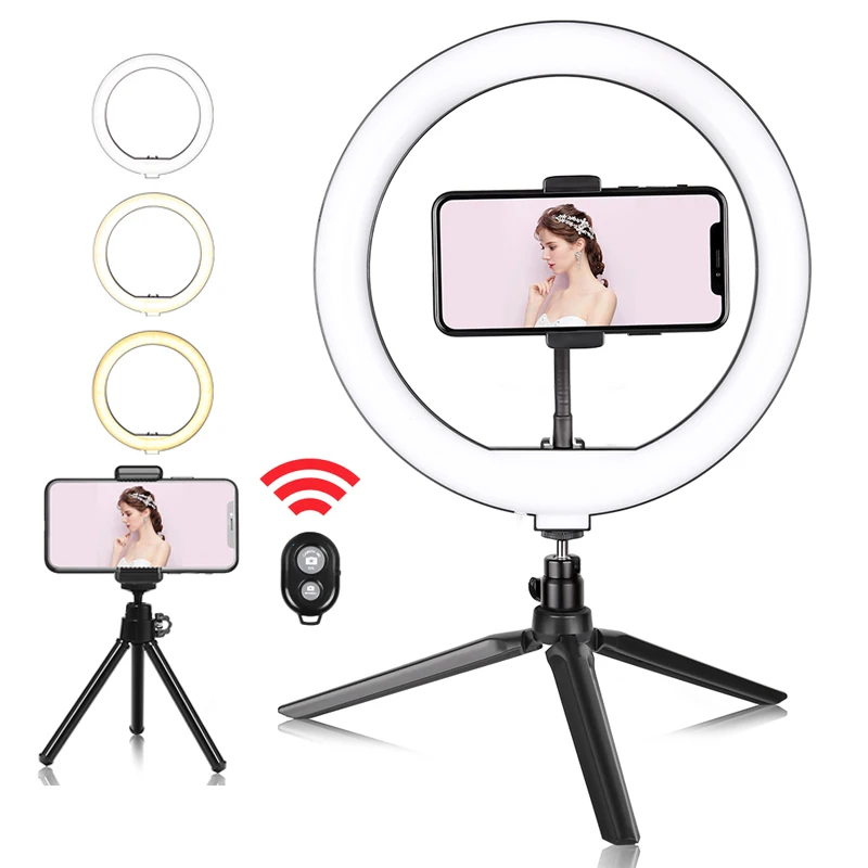

10inch LED Ring Light Cellphone Holder 10 Adjustable Brightness 3-Colored Circle Lamp with Desktop Tripod for Laptop Live Stream