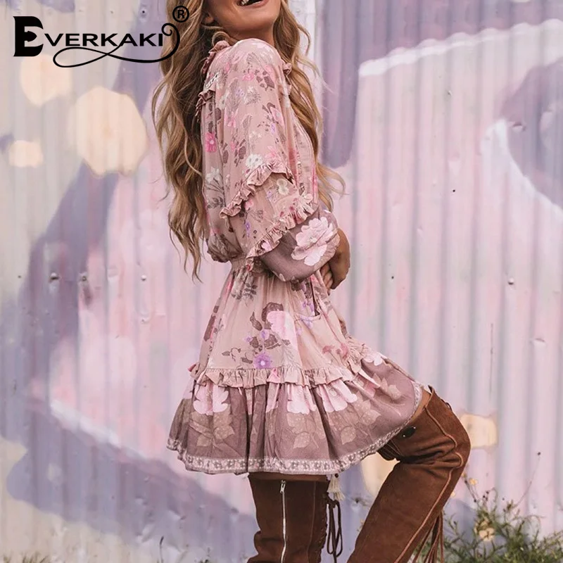 Everkaki/мини-платье с оборками для женщин, Boho, с принтом, кисточками, поясом, с завязками, с длинным рукавом, женские короткие платья, женские,, осень, Новинка