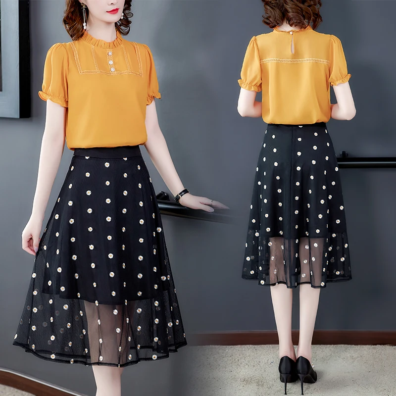 2021 в Корейском стиле черного цвета с принтом виде ромашек шифоновое платье миди