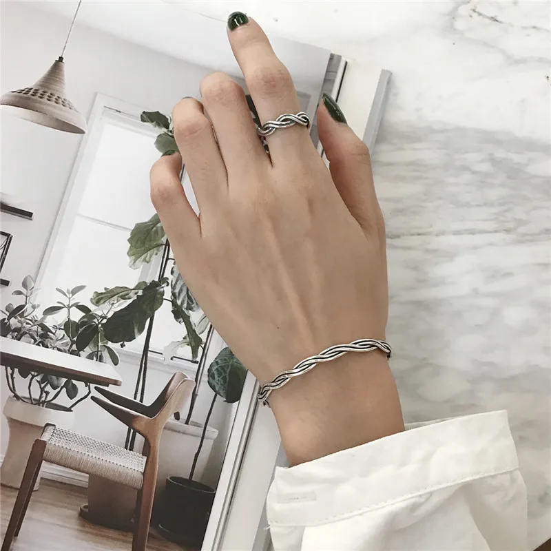 

RUIYI Real 925 Sterling Silver Women Vintage Distressed Retro Cuff Bangles Female Weaving Rope Twisting Open Bangles Bracelets