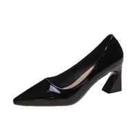 women chunky heels pointed toe patent leather heels black office shoes women wedding dress fashion slip on pumps women shoes