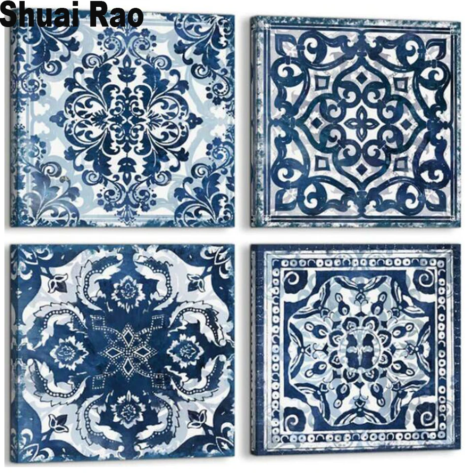 

Blue and white porcelain diamond painting 4 piece mosaic diamond embroidery full round square drill mandala flower 3d wall art