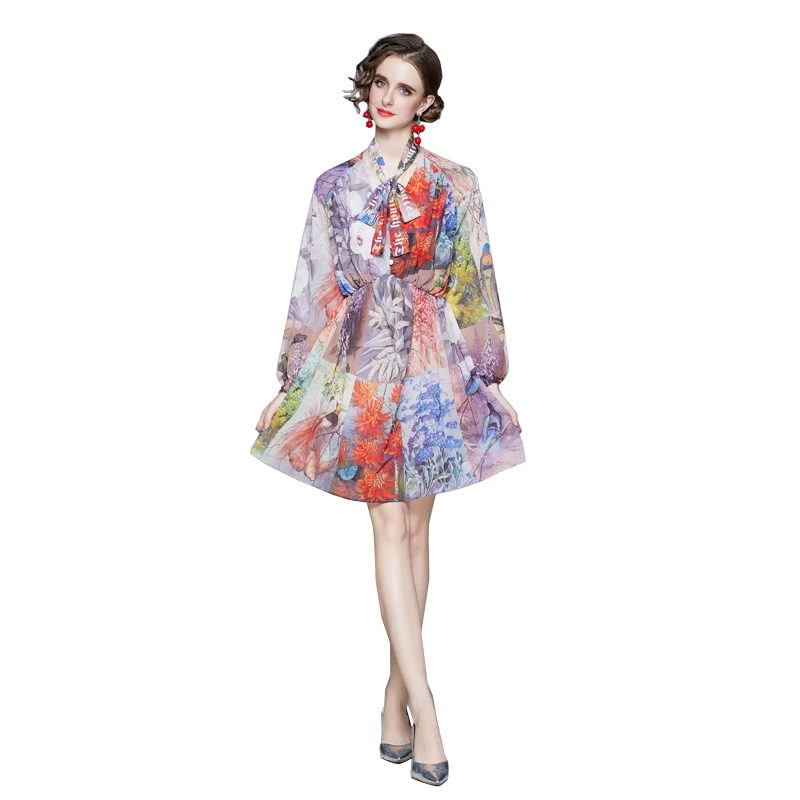 

Newest Fashion Designer Summer Chiffon Party Mini Dress Women Lantern Sleeve Fashion Floral print Elegant Girl Vacation Dress