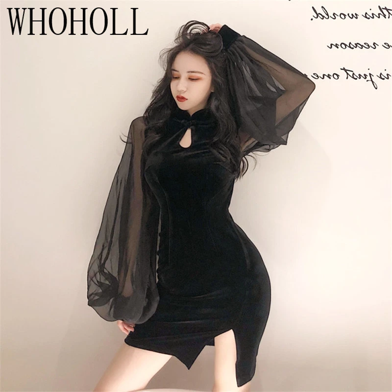 

2020 Summer Chinese Traditional Cheongsam Women's Dress Girl Sexy Lace Lantern Sleeve Black Mini Dress Velvet Party Club Dress