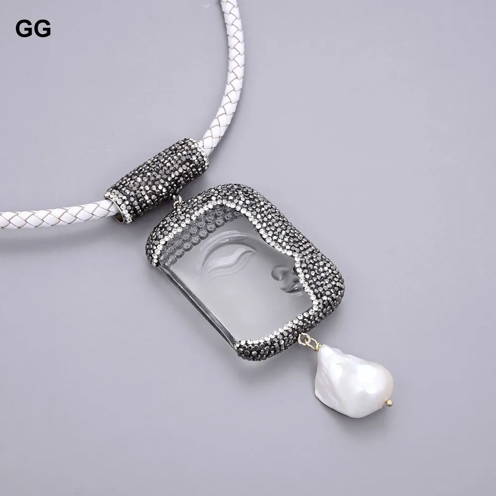 Ожерелье из белой кожи с жемчужинами и кристаллами|crystal buddha pendant|buddha pendantcrystal |