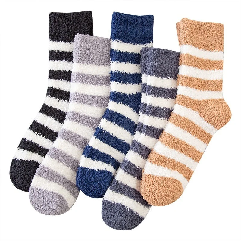 5 Pairs Winter Coral Fleece Men Socks Mid Tuble Thick Sleeping Towel Fuzzy Warm Indoor Floor Striped Casual Soft Man Crew Sock