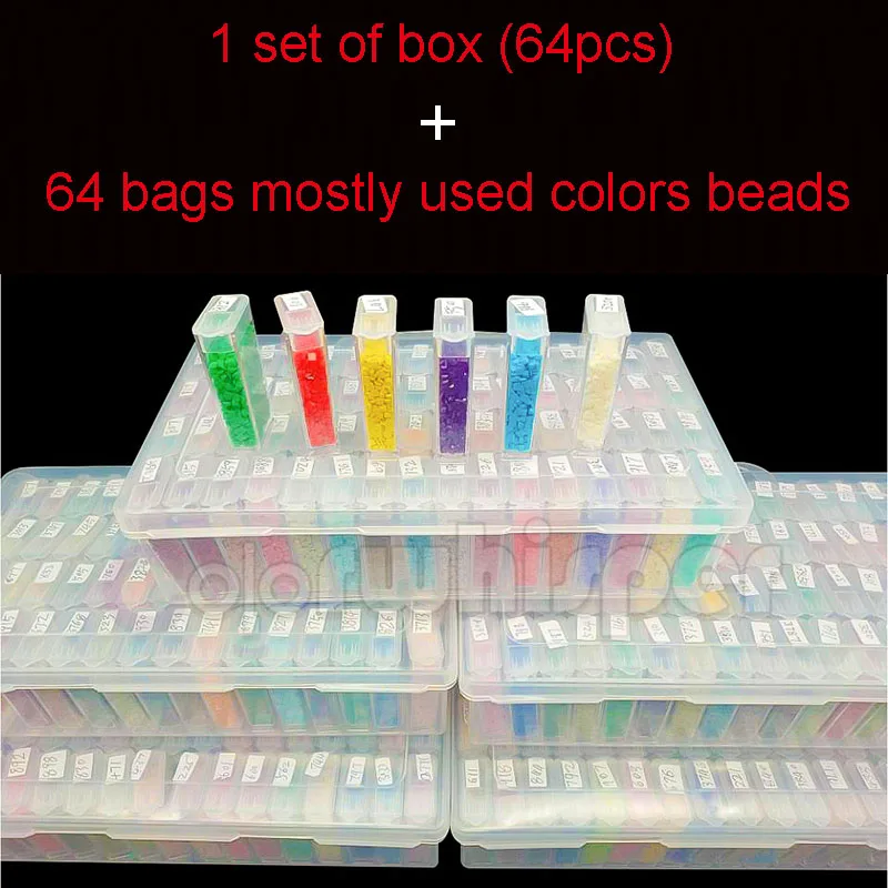 Коробка + 64 сумки в основном используются цвета бусин алмазная живопись дрель