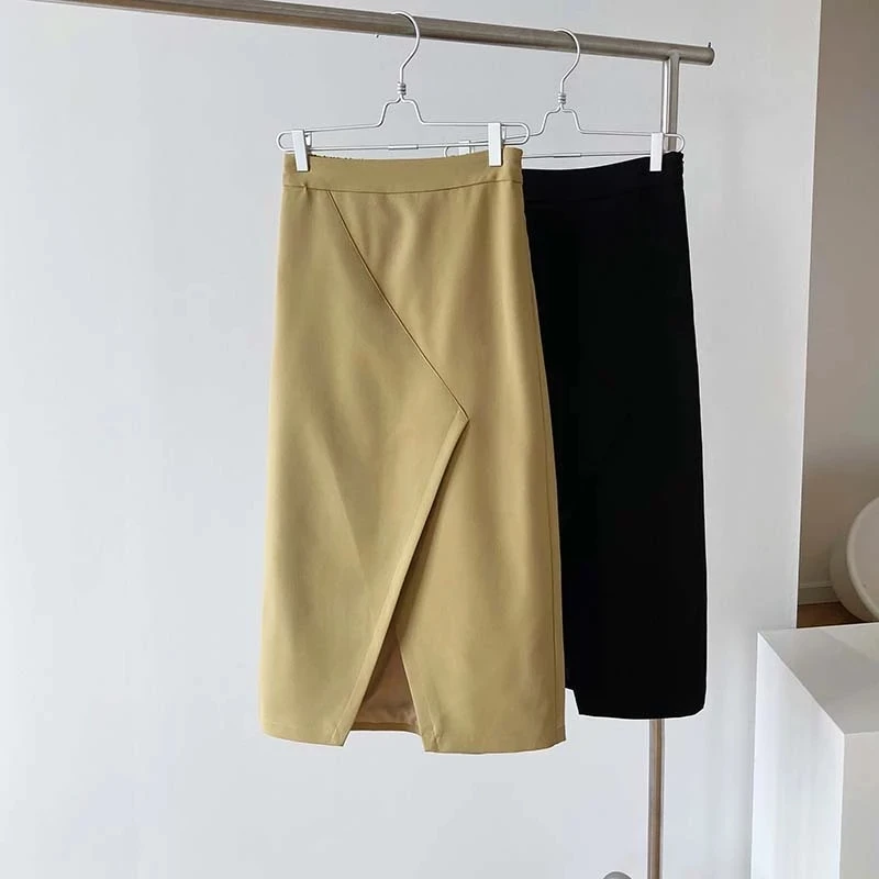 

Korean Chic Fashion High Waist Irregular Split Slim A-line Long Women Skirts Solid Female Skirt 2021 Office Lady Elegant Falda