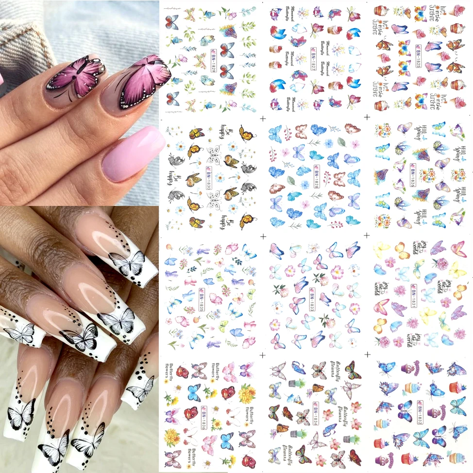 

12 styles summer Gradient Watercolor Butterflies Sliders Flower Water Transfer Nail Art Decal Sticker For Nail Decoration Tattoo