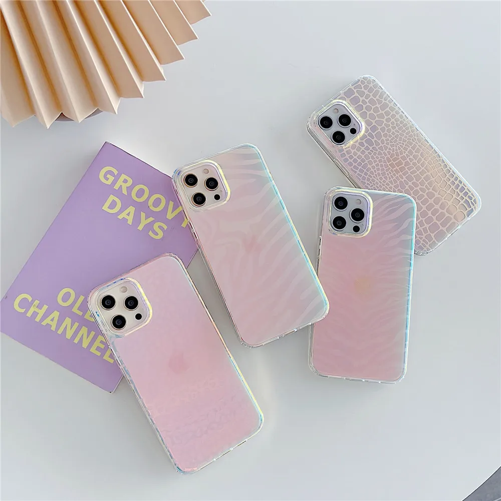 

Laser Serpentine Leopard Print Transparent Phone Case For iPhone 12 11 PRO MAX XS XR 7 8 PLUS Silicone Soft Side Fall-anti Cover