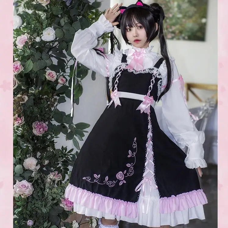 

Japanese sweet lolita dress vintage lace bowknot high waist embroidery gothic lolita dress+stand shirt kawaii girl sets cosplay