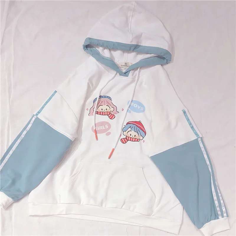 

Early Autumn Preppy Cute Bestie All-match Contrast Pullover Cartoon Character Image Print Hoody Long Sleeve Hooded Student Tops