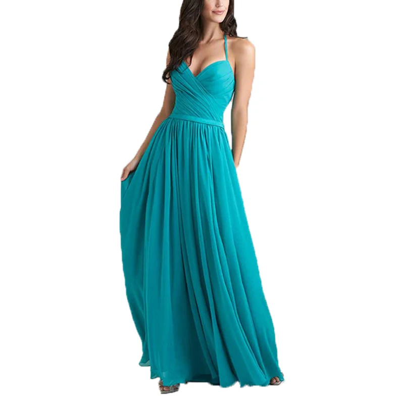 

Turquoise Bridesmaid Dresses Long V-neck Pleat Formal Women Guest Dress Beach Wedding Party Gowns Elegant Maid of Honor Dress