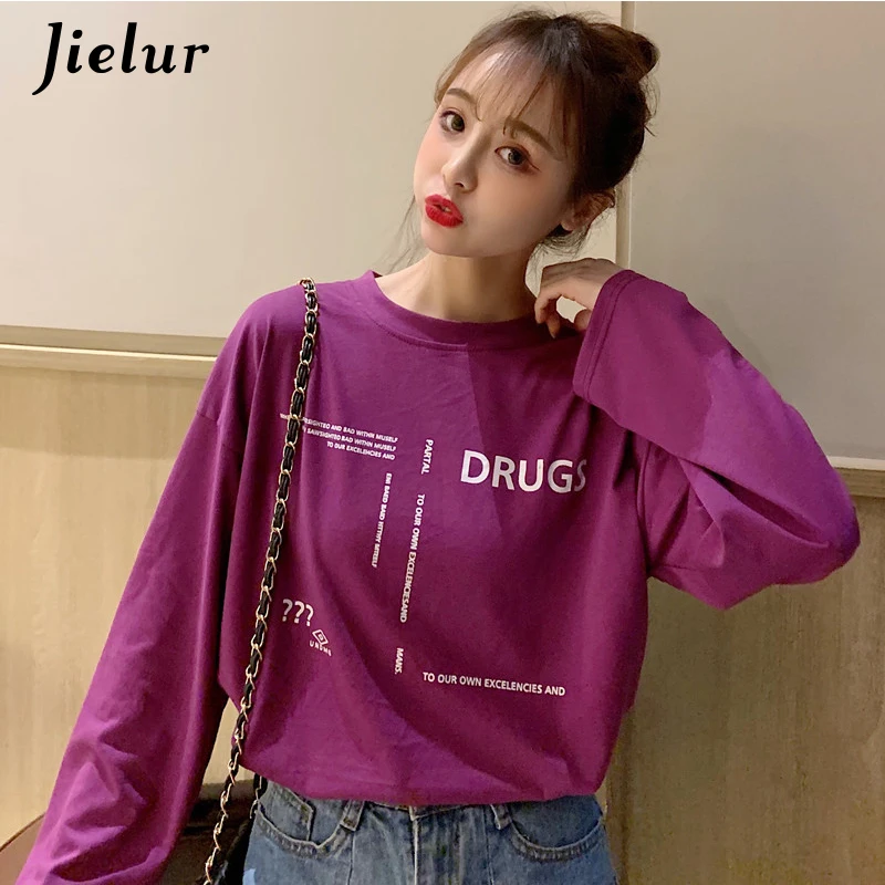 Jielur/Модная открытая футболка с буквенным принтом сзади женские свободные