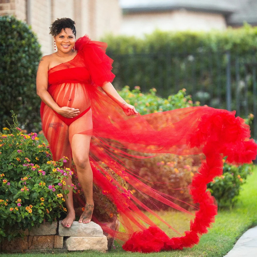 

Новинка сексуальные прозрачные тюлевые платья для беременных с высоким разрезом с оборками на одно плечо женское платье для фотосессии или...