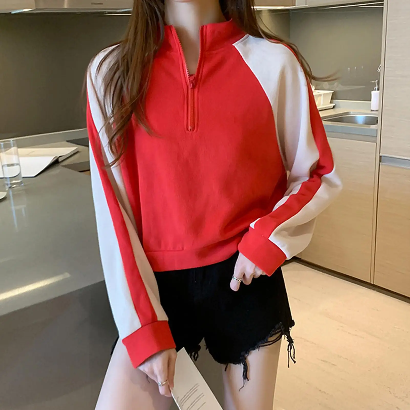 Женский свободный пуловер с длинным рукавом и застежкой молнией|Женские куртки| |