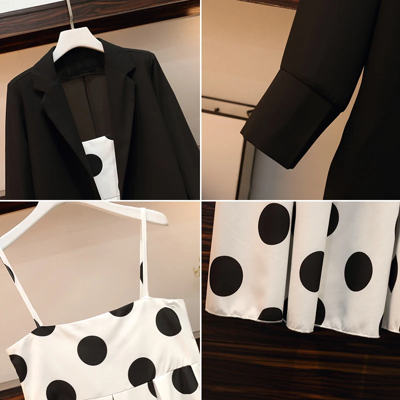 

Plus size office ladies elegant two piece set for women Summer black long sleeve blazer coat and polka dot spaghetti straps sets