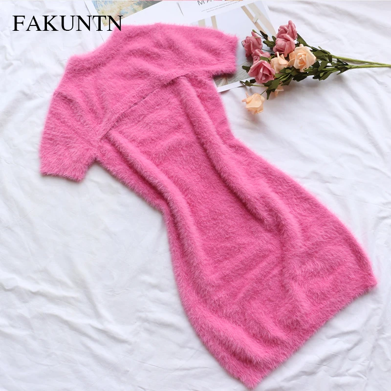 

Woman Y2k Dress Harajuku Vintage Y2k Clothes Streetwear Women Sexy Hollow Solid Color Short Sleeve Skinny Knit Pink Kawaii Dress