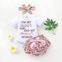 daddys girl mommys world print short sleeve romper ruffled floral bloomers shorts with headband set for baby girl clothes