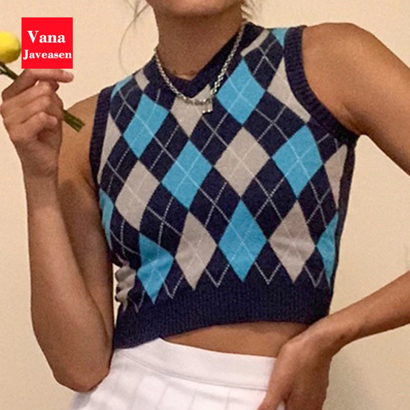 

Женский трикотажный жилет в клетку, с V-образным вырезом