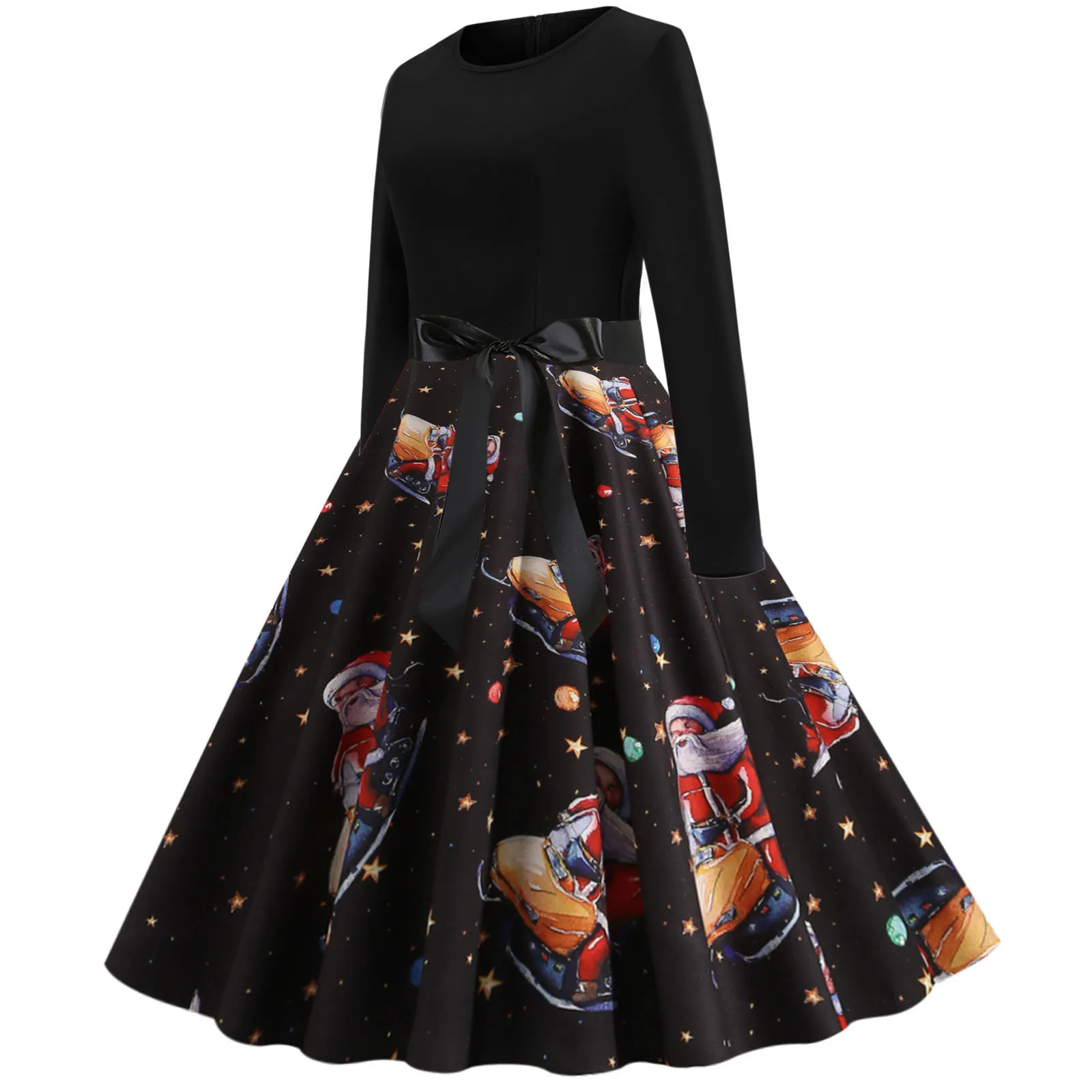 

Dress For Women Vintage Long Sleeve Christmas Printed Round Neck 1950s Housewife Evening Party Prom Loose Dresses