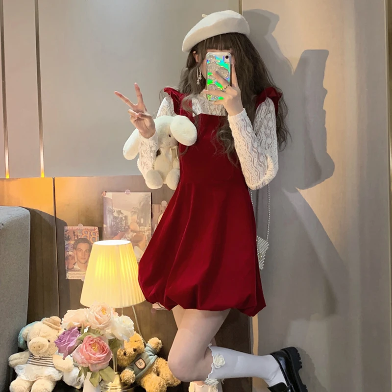 

Dress for new year 2022 design sense: small fly sleeve waist red dress+half-high collar lace joker bottoming shirt 2-piece set