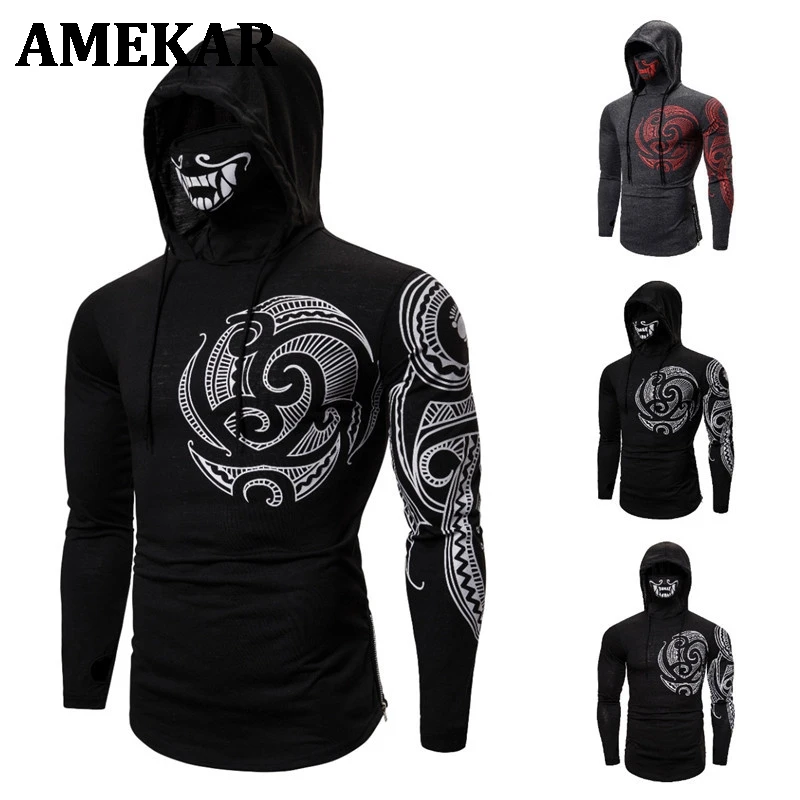 

Men Trend With Mask Hood Sweatshirt Elastic Fitness Tattoo Print Hooded Sweat Homme Mens Hip Hop Sudadera Ninja Suit Streetwear