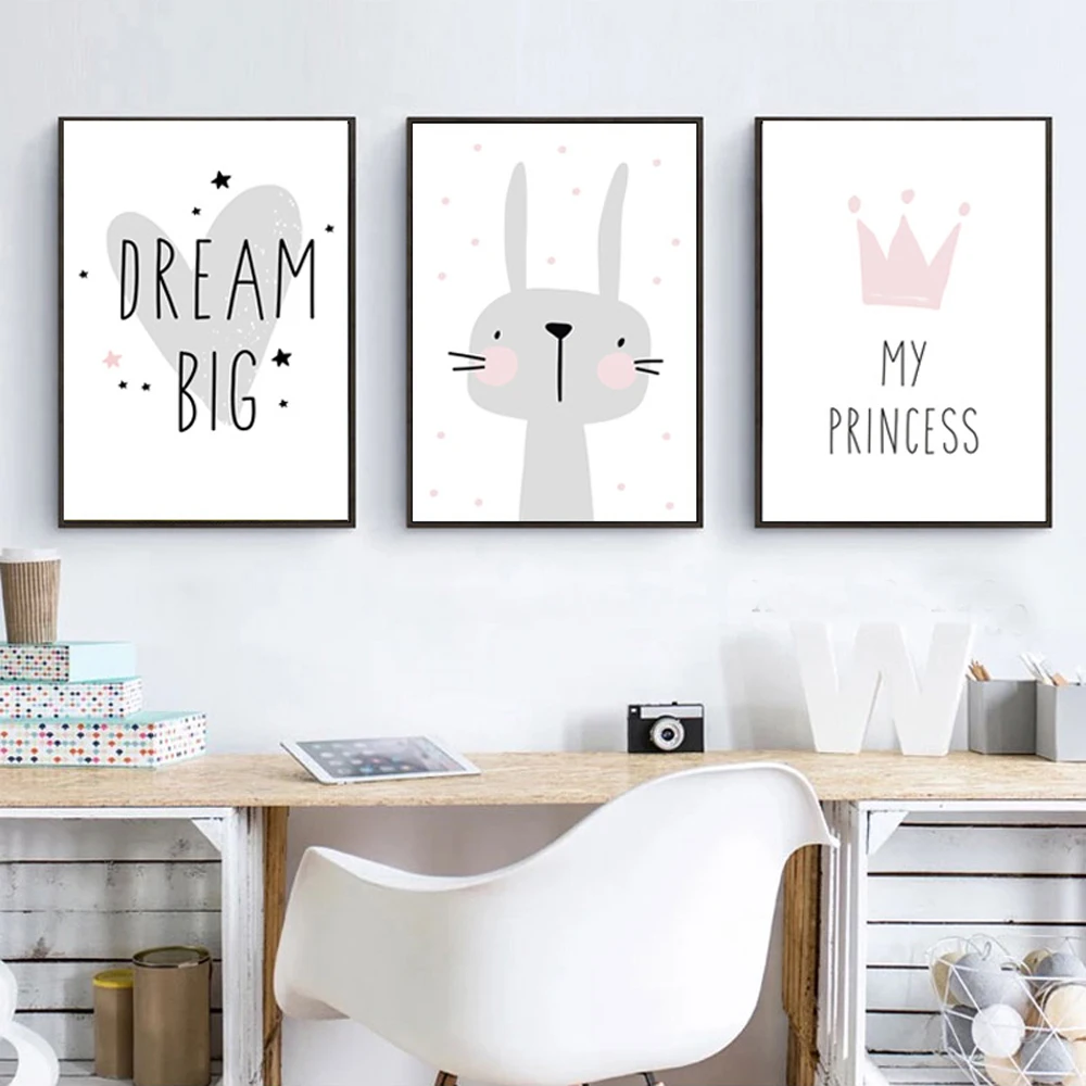 Скандинавские постеры и принты розовый мультфильм кролик животное холст