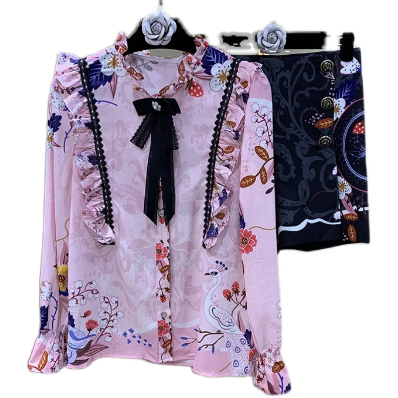 

AELESEEN Autumn Fashion Suit Women Designer Vintage Long Sleeve Flower Print Ruffles ShirtJacquard Shorts 2 Pieces Sets