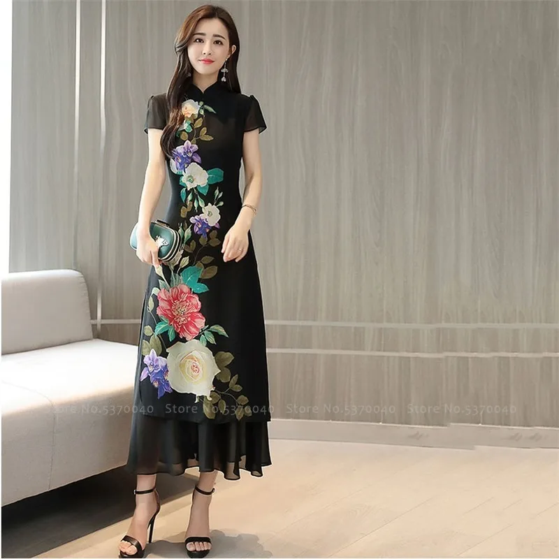 Женское свадебное платье в китайском стиле длинное Ципао с коротким рукавом и