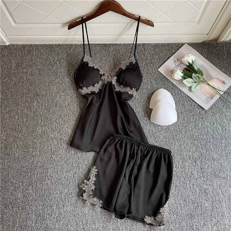 

Summer Women 2PCS Pajamas Set Sexy Strap Top&Short Nightwear Sleep Suit Casual Faux Silk Wear Home Clothes Lace Trim Sleepwear