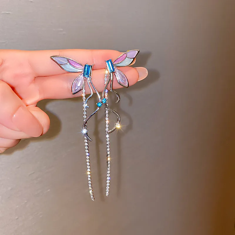 2021 Модные женские серьги-подвески с искусственными кристаллами в виде бабочки и стрекозы
