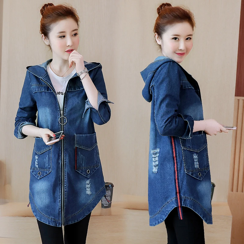 

2021 Autumn New Fashion Vintage Ripped Oversized Jeans Jacket Coat Female Hooded Long Denim Jackets For Women