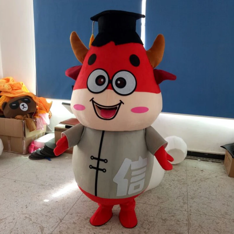 

Milk Cow Mascot Costume Bull Calf Ox with Doctor Hat Cosplay Fancy Dress Costumes Adult Size for Halloween Christmas Party Event