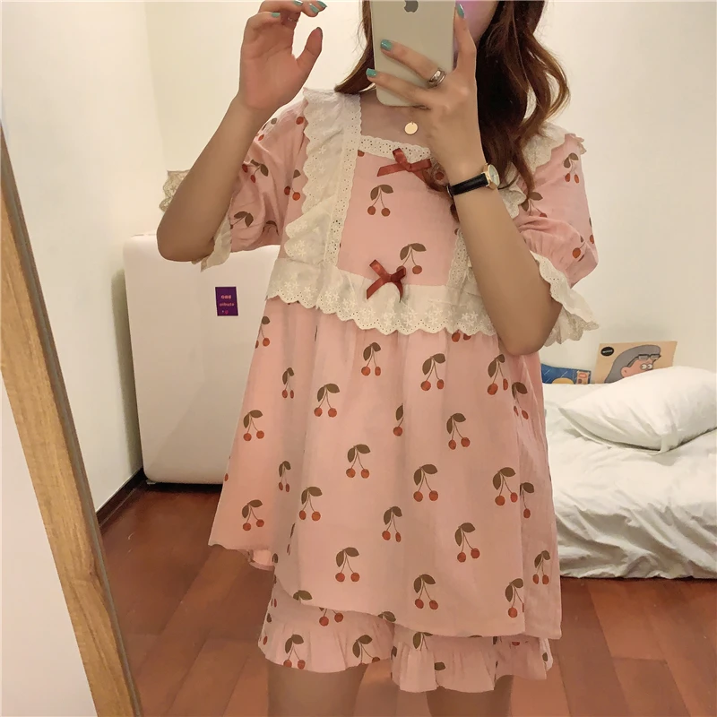 

CBAFU summer women 2 piece set homewear cherry pajamas set short sleeve lacework pullovers shorts home suit sleepwear cute M750
