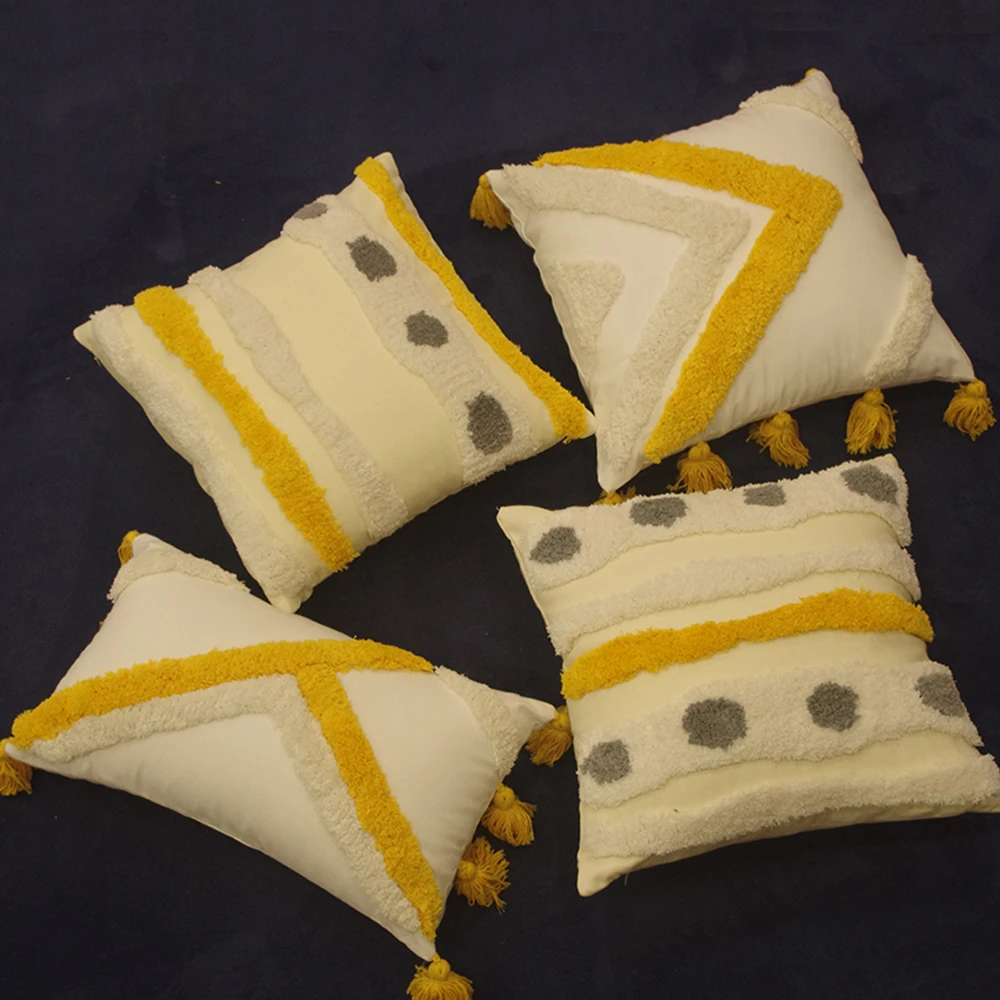 

ESSIE HOME Tufted White Yellow Bohemian Cushion Cover Pillow Case Decoration Fringe Tassel Home Decor
