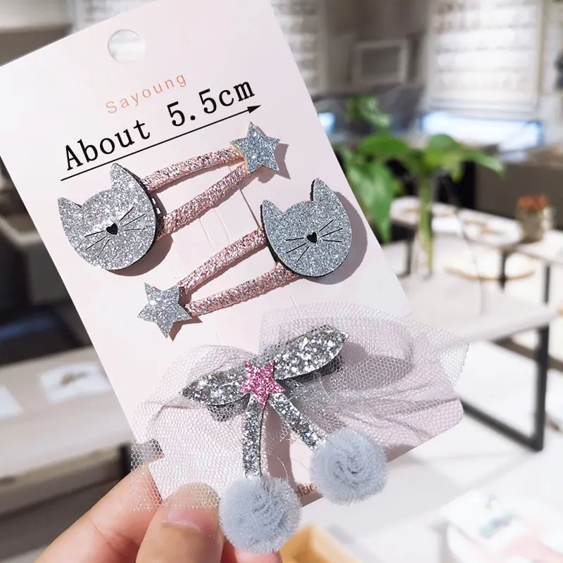 3pcs/Set Children Cartoon Cat Sequin BB Hair Clips Cute Bowknot Pompom Ball Hairpins Barrettes Kids HairAccessories | Детская одежда и